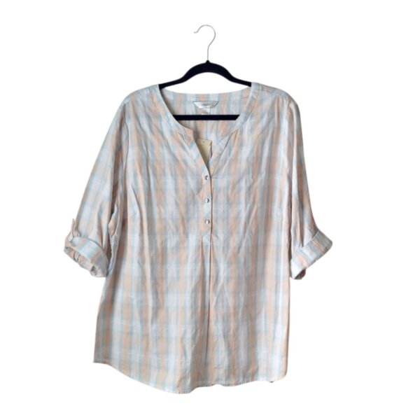 CJ Banks Plaid V-Neck Popover Blouse - Picture 2 of 10